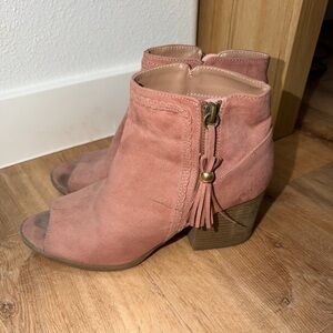 Qupid Pink Suede Peep-Toe Ankle Booties with Tassel Zip